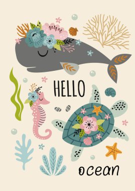 beautiful marine poster with turtle, sperm whale,sea horse
