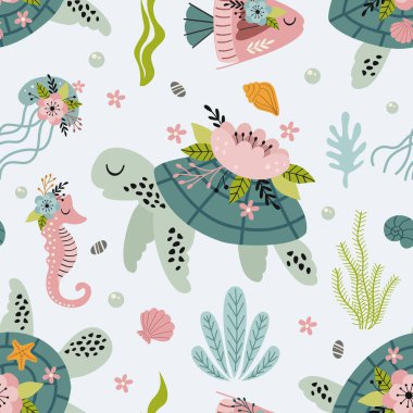 seamless pattern with turtle and sea life