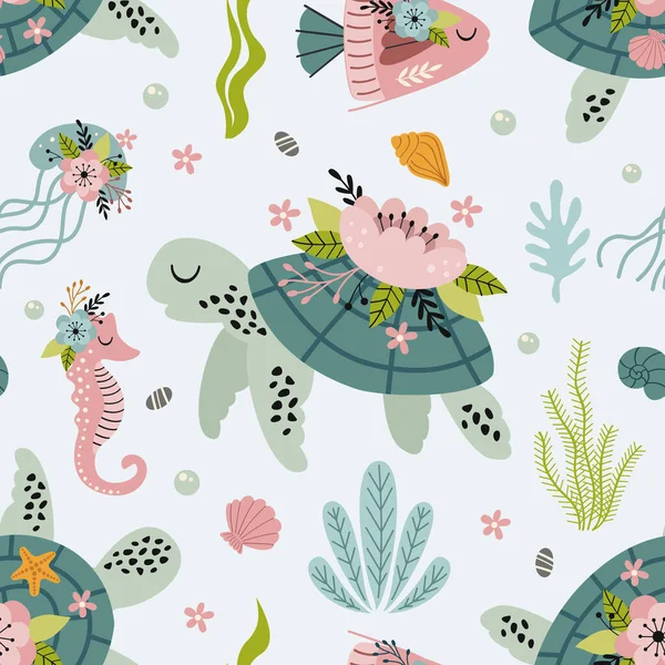 Seamless Pattern Turtle Sea Life — Stockvector