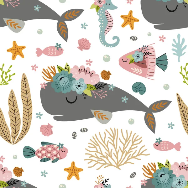 Seamless Pattern Sperm Whale Sea Horse Fish — Vector de stock