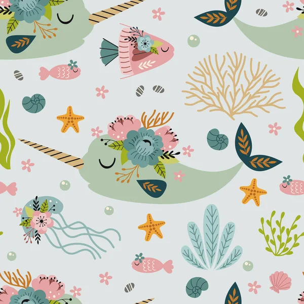 Seamless Pattern Narwhal Jellyfish Fish — Vector de stock
