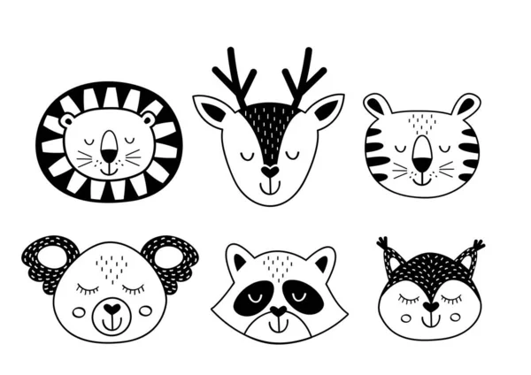 Conjunto Aislados Negros Encantadoras Caras Animales — Vector de stock