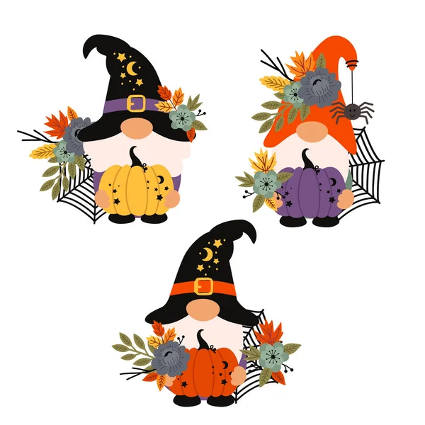 Ensemble Gnomes Halloween Isolés Avec Des Citrouilles — Image vectorielle
