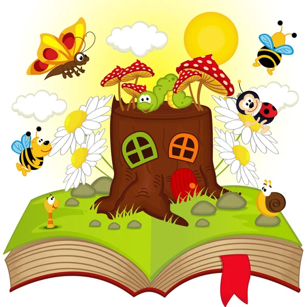 Open book with house stump and insects — Stock Vector