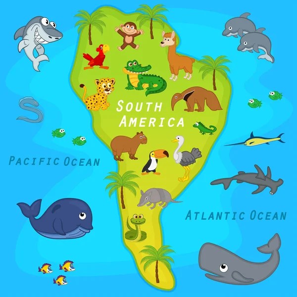 Carte de l'Amérique du Sud avec des animaux — Image vectorielle