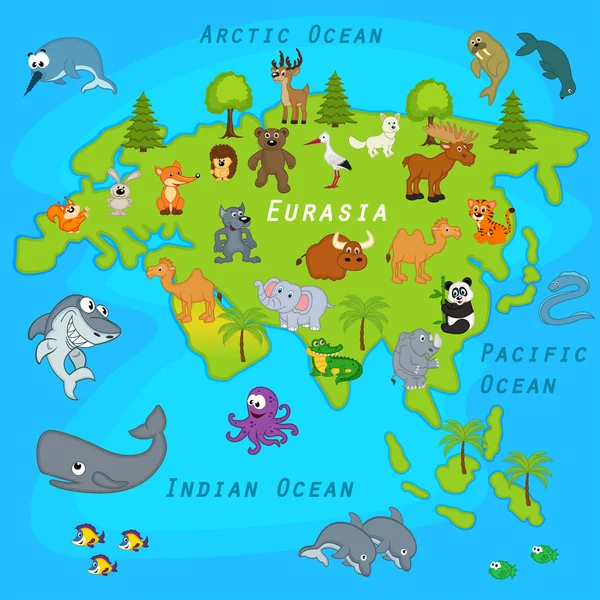 Mapa de Eurasia con animales — Vector de stock