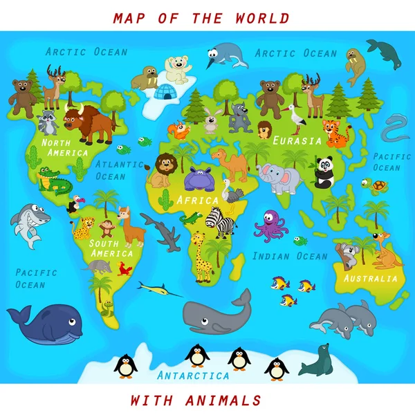 Mapa del mundo con animales — Vector de stock