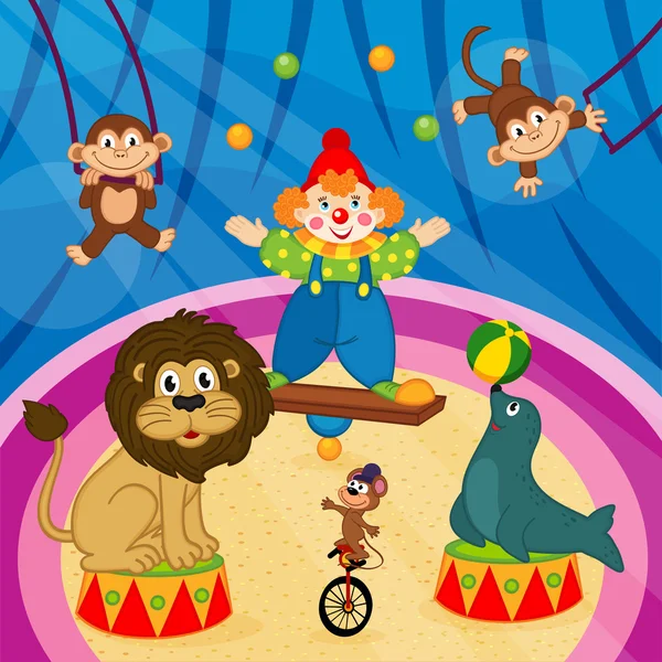 Arena in circus met dieren en clown — Stockvector