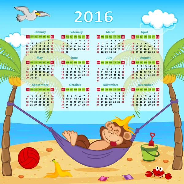 Calendario con mono en hamaca 2016 — Vector de stock