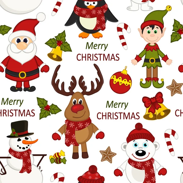 Natal sem costura padrão com Papai Noel, pinguim, cervo, urso, boneco de neve, elfo — Vetor de Stock