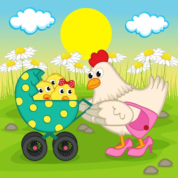 Mamma kyckling med kycklingar i barnvagn — Stock vektor