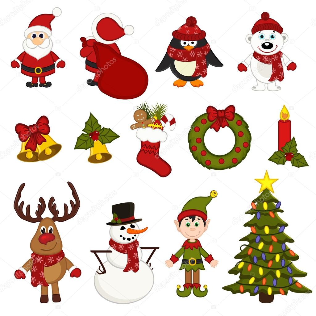 set of isolated christmas characters and decorations