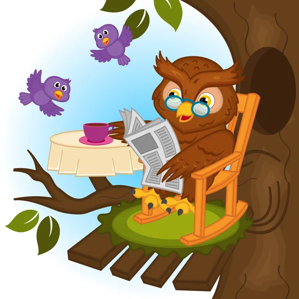 Çay içme ve bir gazete okuyor baykuş — Stok Vektör