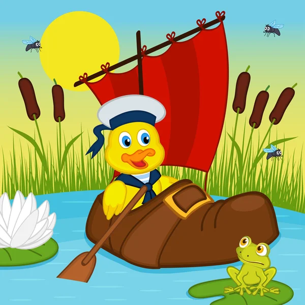 Patito flotando en el lago en el maletero — Vector de stock