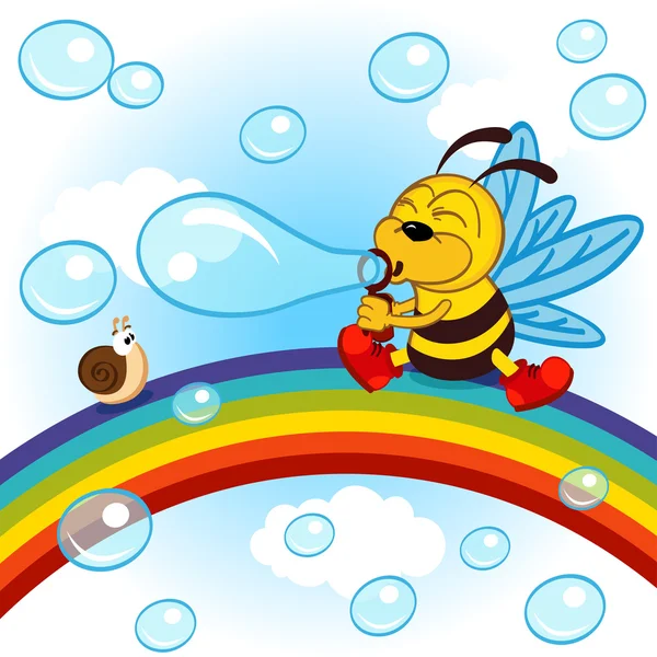Bee op regenboog opgeblazen bubbels — Stockvector
