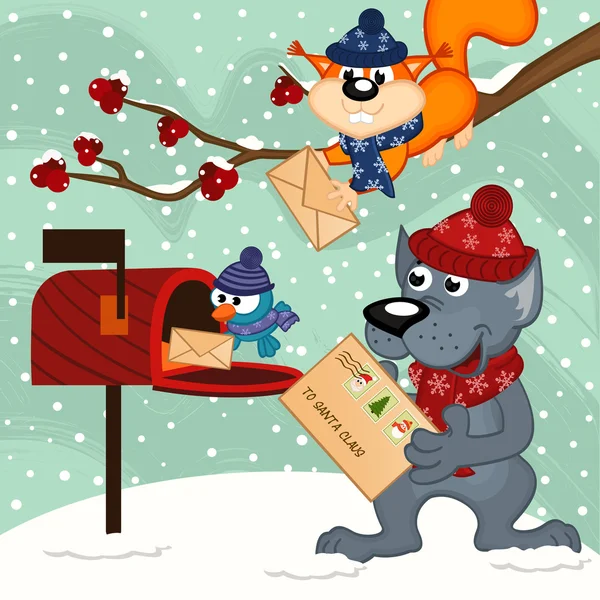 Hayvanlar mektupları Noel Baba'ya gönderin. — Stok Vektör