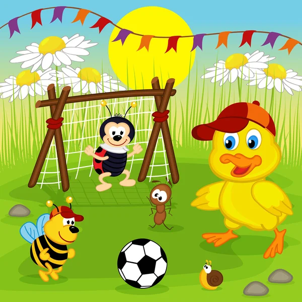 Duckling and insects play football — Stock Vector