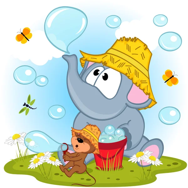 Elefante y ratón burbujas infladas — Vector de stock
