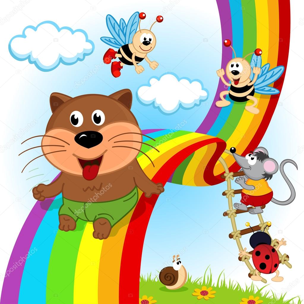 animals and insects ride on rainbow