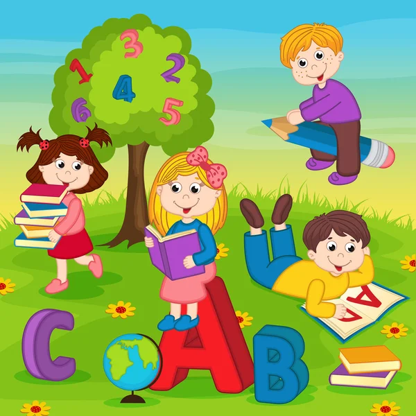 Děti na trávě, čtení knihy — Stockový vektor