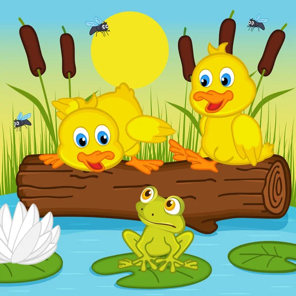 Patitos mirando a rana — Vector de stock