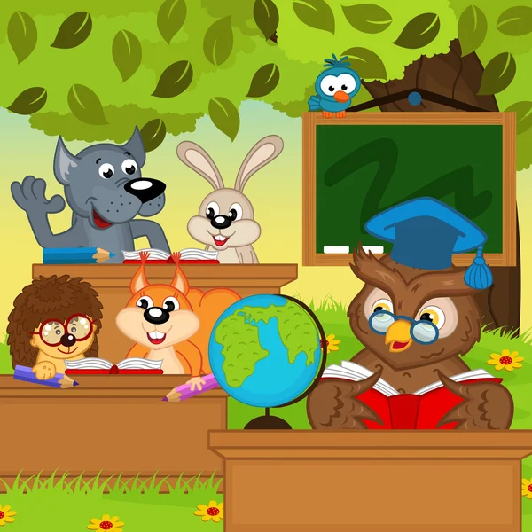Animais sentam-se nas mesas da escola na floresta —  Vetores de Stock