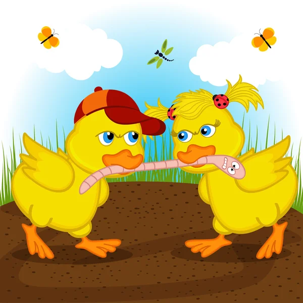 Ducklings are fighting for worm — Stock Vector