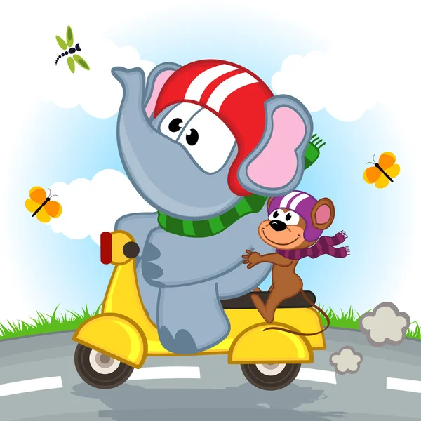 Olifant en muis paardrijden scooter — Stockvector