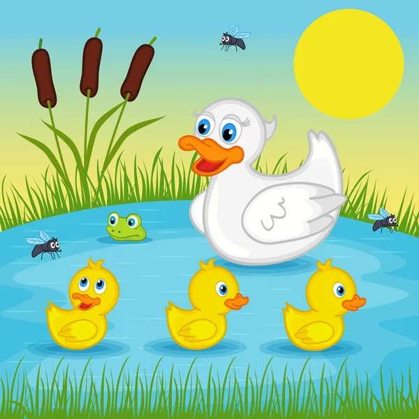 Canard mère avec des canetons sur le lac — Image vectorielle