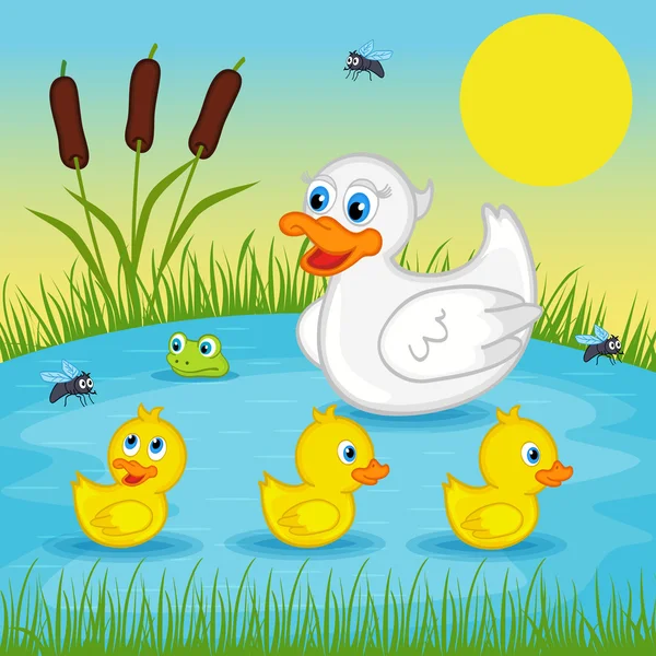 Pato mãe com patinhos no lago —  Vetores de Stock