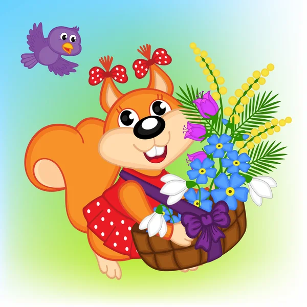 Squirrel with a basket with flowers — Stock Vector