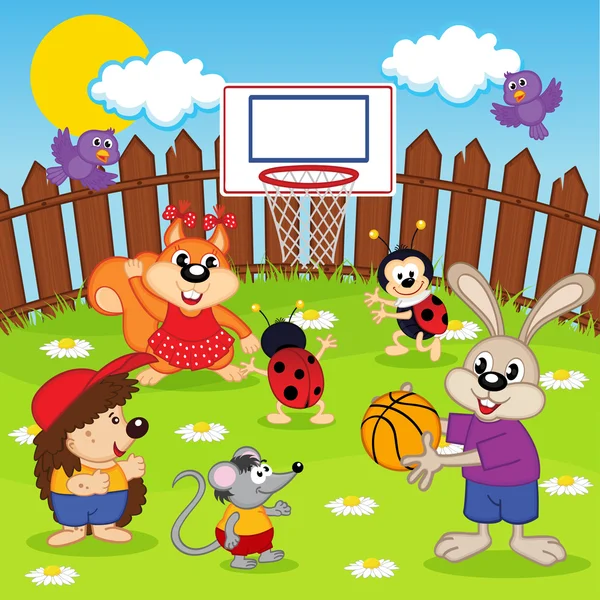 Animales juegan baloncesto — Vector de stock