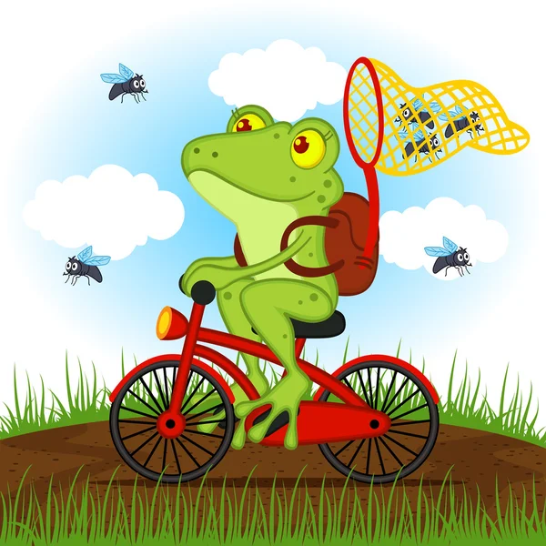 Frog on a bike catches flies — Stock Vector