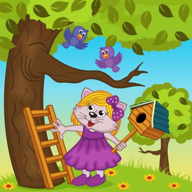 kedi kız bir kuş yuvası ayılar
