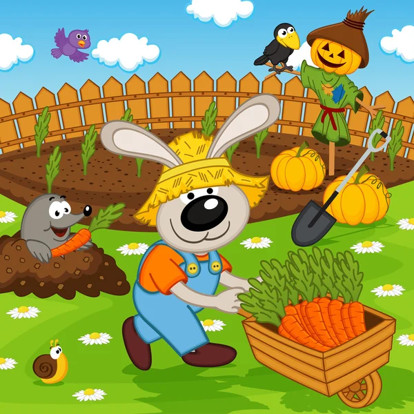 Jardinero de conejo con zanahoria — Vector de stock