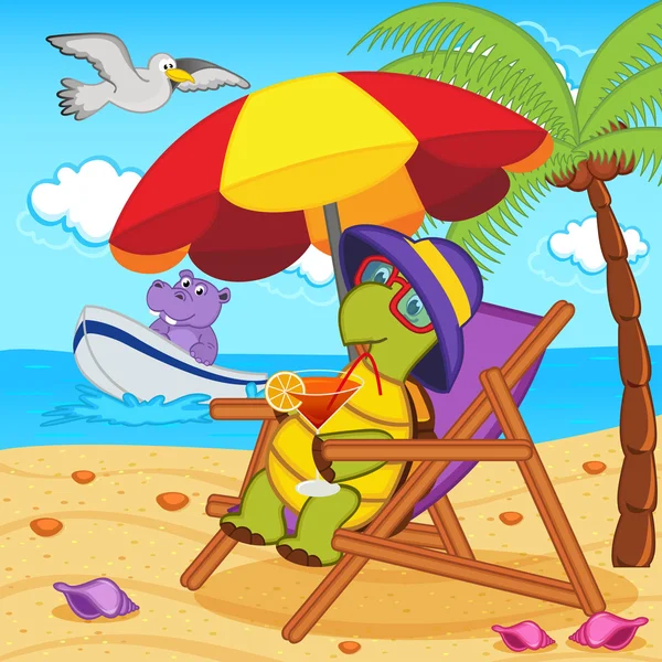 Tartaruga bebendo um coquetel em uma cadeira lounge na praia — Vetor de Stock