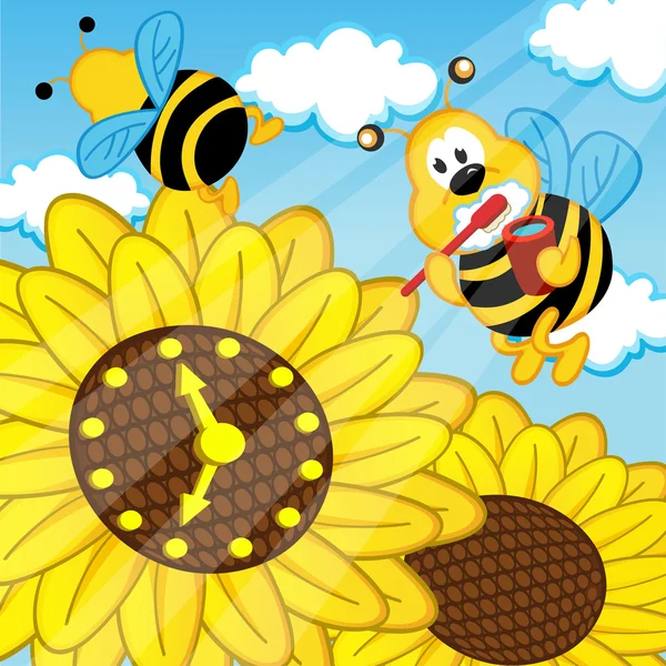 Bee borstels tanden kijkt horloge zonnebloem — Stockvector