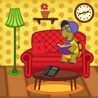 Kaplumbağa kanepede kitap okumak