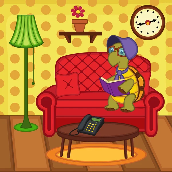 Turtle reading book on couch — Stock Vector