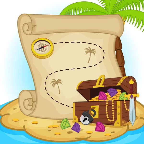 Treasure map and treasure chest on island — Stock Vector