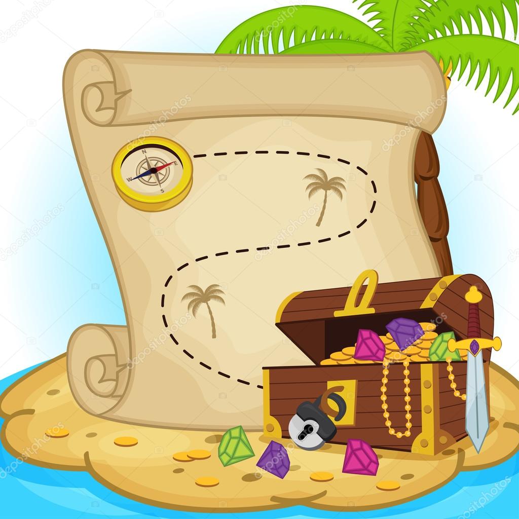 treasure map and treasure chest on island