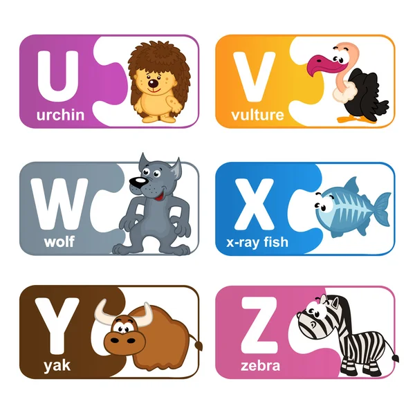 Stickers alphabet animals from U to Z — Stock Vector
