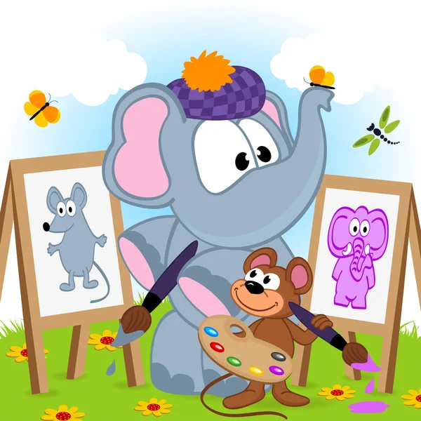 코끼리와 마우스 초상화 그리기 — 스톡 벡터