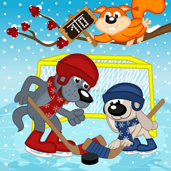 Lobo conejo jugar hockey — Vector de stock