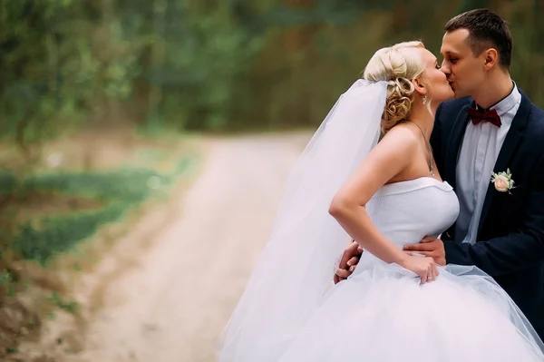 Noiva e noivo no dia do casamento abraçando ao ar livre na natureza da primavera — Fotografia de Stock