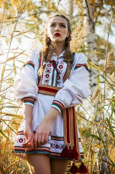 Young girl on the summer field  in national Belarus clothes, fas — Stock Photo, Image