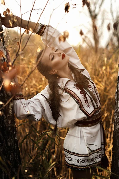 Молода дівчина на полі літо в національному вбранні Білорусі, fas — стокове фото