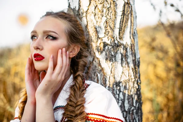 Jovem no campo de verão em roupas nacionais da Bielorrússia, fas — Fotografia de Stock