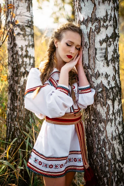 Młoda dziewczyna na polu lato w narodowej Białorusi ubrania, fas — Zdjęcie stockowe