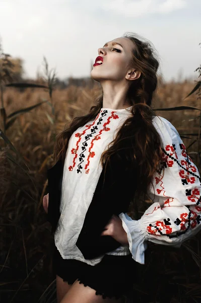 Chica joven en el campo de verano en ropa nacional de Bielorrusia, fas — Foto de Stock